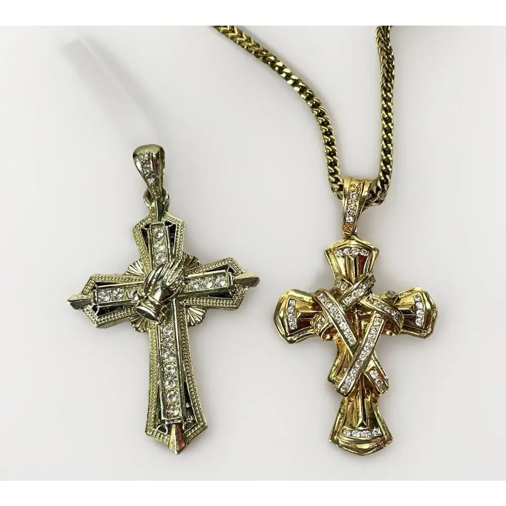 Lg Gold Tone Cross Pendant Lot w 30” Stainless Chain 2 Interchangeable Pendants